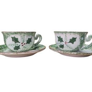 Festive Green White Holly Mistletoe Teacup Set Matching Cups Saucers Coffee Tea